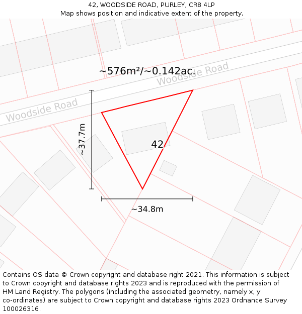 42, WOODSIDE ROAD, PURLEY, CR8 4LP: Plot and title map