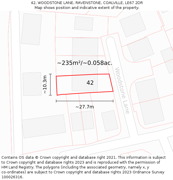 42, WOODSTONE LANE, RAVENSTONE, COALVILLE, LE67 2DR: Plot and title map