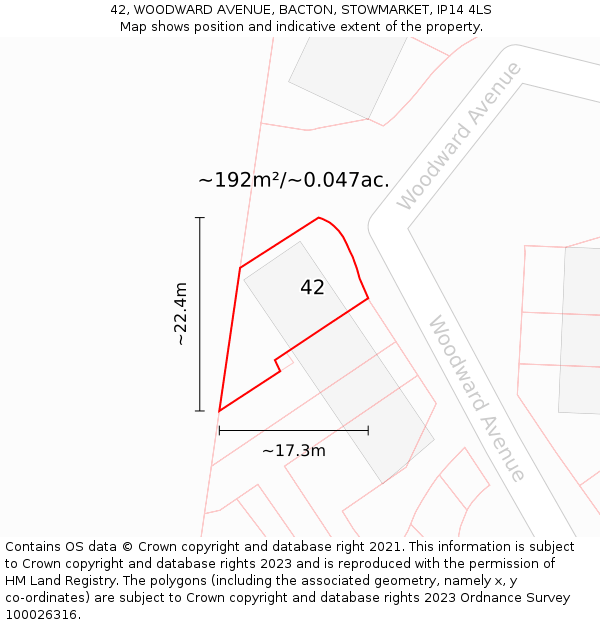 42, WOODWARD AVENUE, BACTON, STOWMARKET, IP14 4LS: Plot and title map