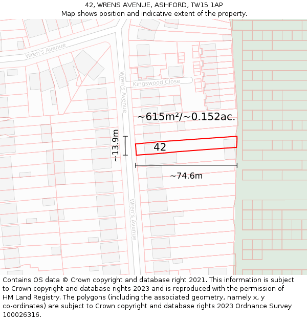 42, WRENS AVENUE, ASHFORD, TW15 1AP: Plot and title map
