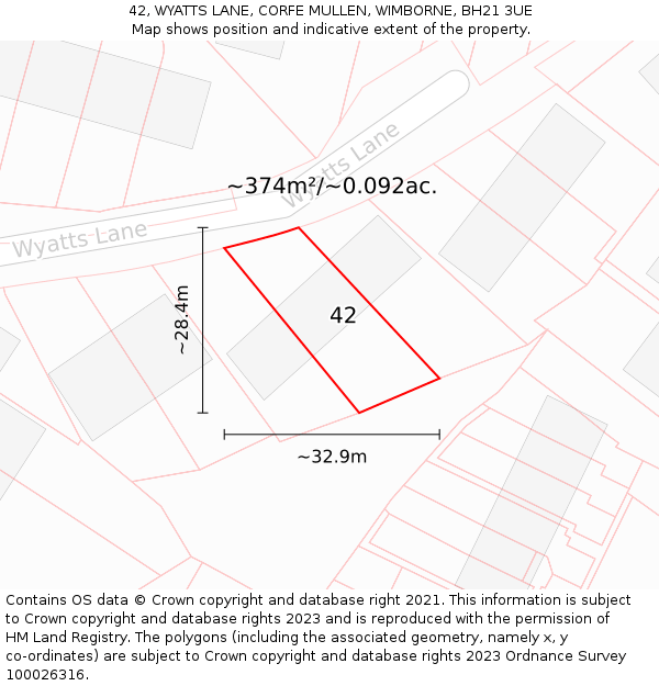 42, WYATTS LANE, CORFE MULLEN, WIMBORNE, BH21 3UE: Plot and title map