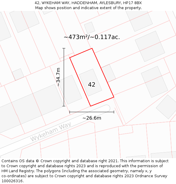 42, WYKEHAM WAY, HADDENHAM, AYLESBURY, HP17 8BX: Plot and title map