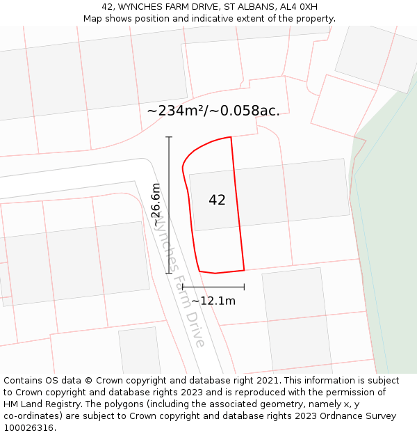42, WYNCHES FARM DRIVE, ST ALBANS, AL4 0XH: Plot and title map