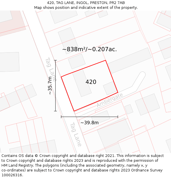 420, TAG LANE, INGOL, PRESTON, PR2 7AB: Plot and title map