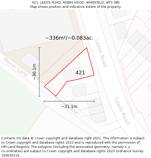 421, LEEDS ROAD, ROBIN HOOD, WAKEFIELD, WF3 3BE: Plot and title map