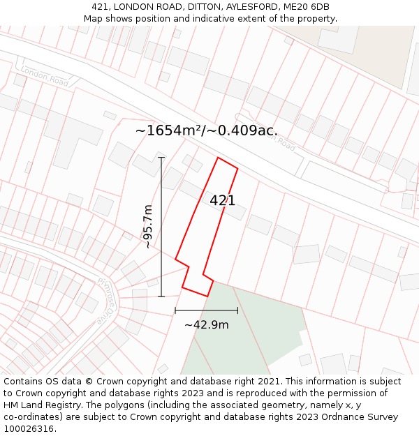 421, LONDON ROAD, DITTON, AYLESFORD, ME20 6DB: Plot and title map