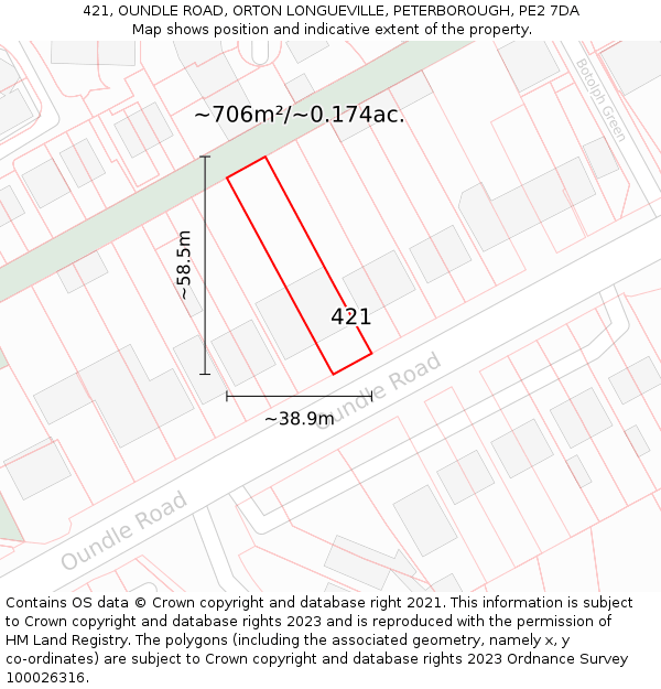 421, OUNDLE ROAD, ORTON LONGUEVILLE, PETERBOROUGH, PE2 7DA: Plot and title map