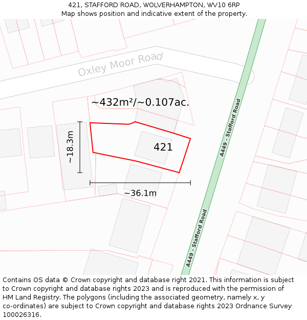 421, STAFFORD ROAD, WOLVERHAMPTON, WV10 6RP: Plot and title map