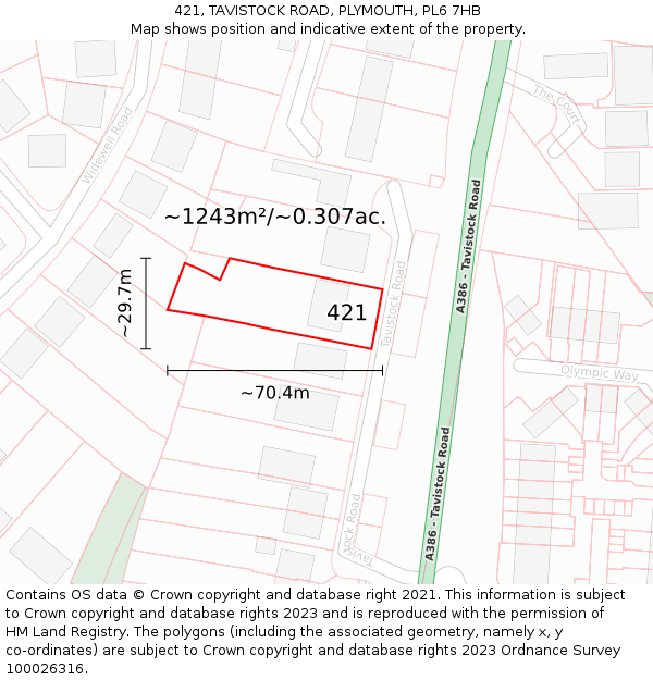 421, TAVISTOCK ROAD, PLYMOUTH, PL6 7HB: Plot and title map