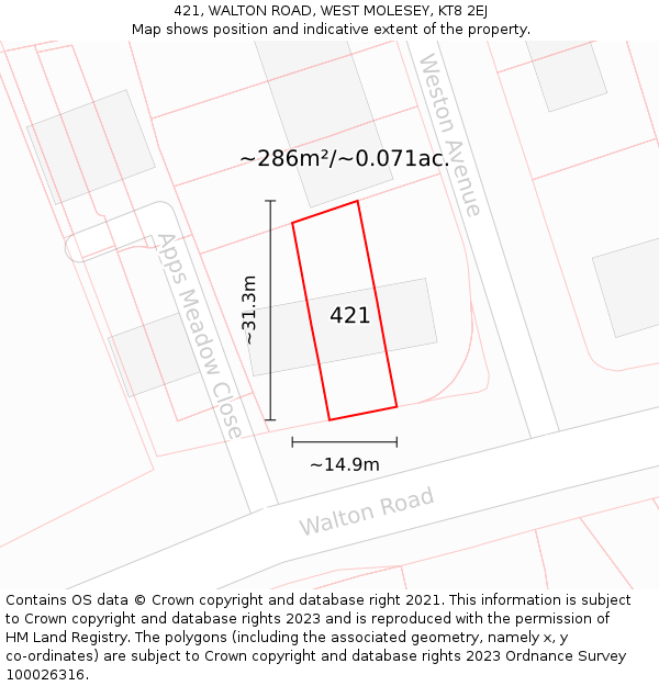 421, WALTON ROAD, WEST MOLESEY, KT8 2EJ: Plot and title map