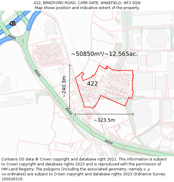 422, BRADFORD ROAD, CARR GATE, WAKEFIELD, WF2 0QW: Plot and title map