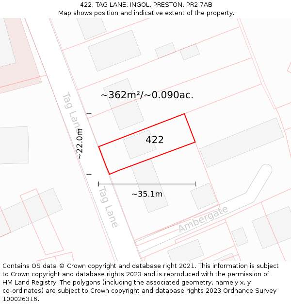 422, TAG LANE, INGOL, PRESTON, PR2 7AB: Plot and title map