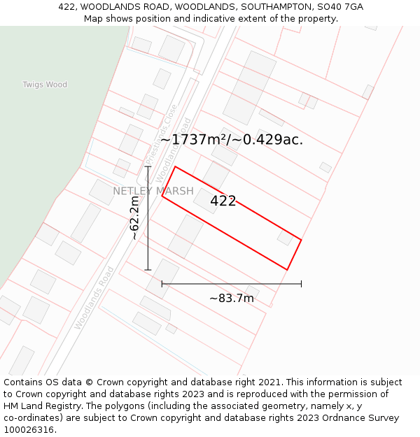 422, WOODLANDS ROAD, WOODLANDS, SOUTHAMPTON, SO40 7GA: Plot and title map