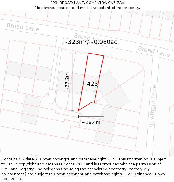 423, BROAD LANE, COVENTRY, CV5 7AX: Plot and title map