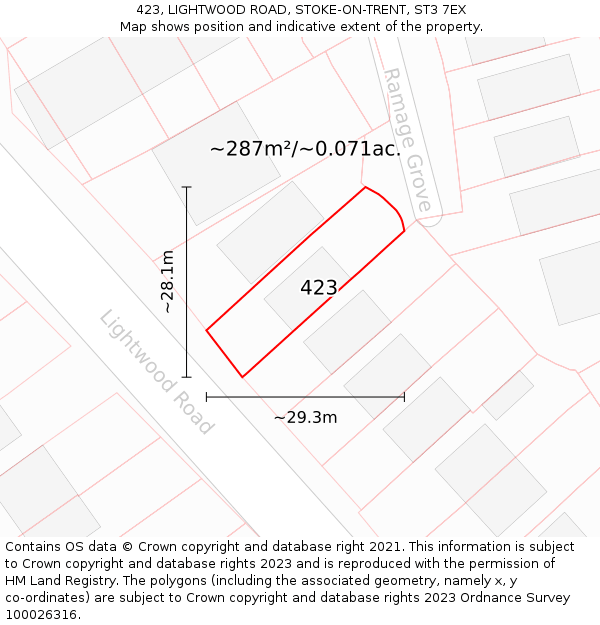 423, LIGHTWOOD ROAD, STOKE-ON-TRENT, ST3 7EX: Plot and title map