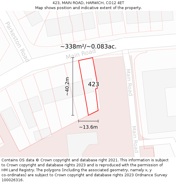 423, MAIN ROAD, HARWICH, CO12 4ET: Plot and title map