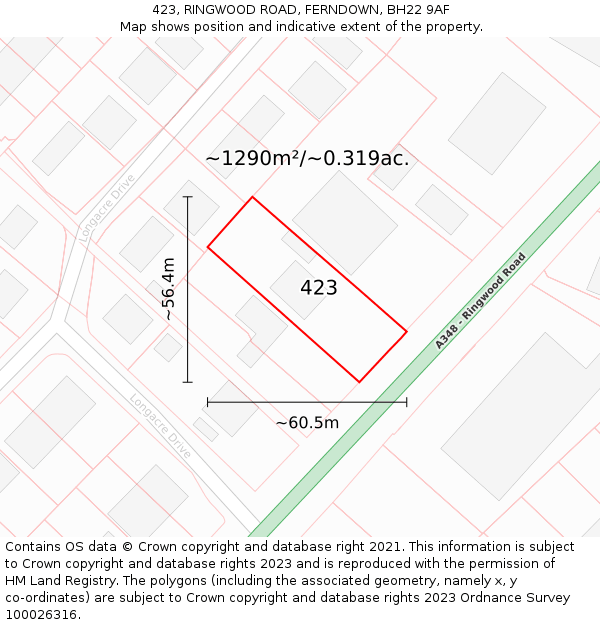 423, RINGWOOD ROAD, FERNDOWN, BH22 9AF: Plot and title map