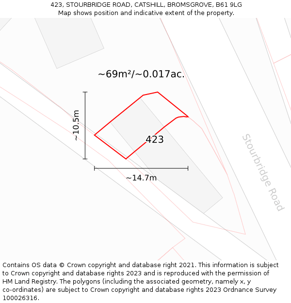 423, STOURBRIDGE ROAD, CATSHILL, BROMSGROVE, B61 9LG: Plot and title map