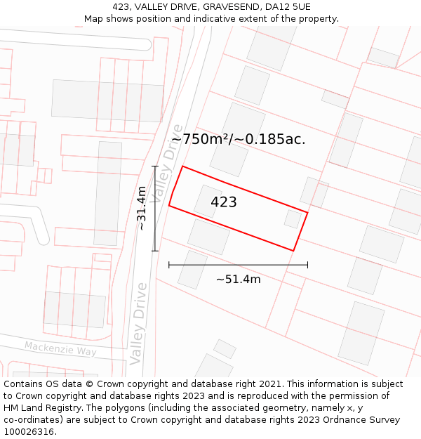 423, VALLEY DRIVE, GRAVESEND, DA12 5UE: Plot and title map