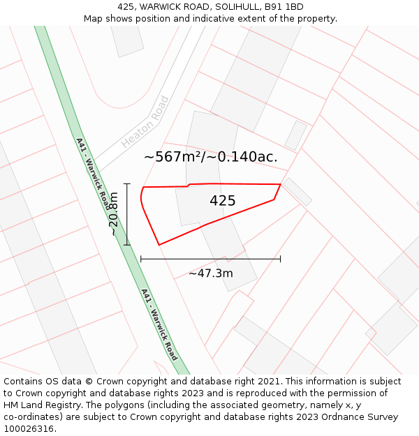 425, WARWICK ROAD, SOLIHULL, B91 1BD: Plot and title map