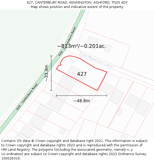 427, CANTERBURY ROAD, KENNINGTON, ASHFORD, TN25 4DY: Plot and title map