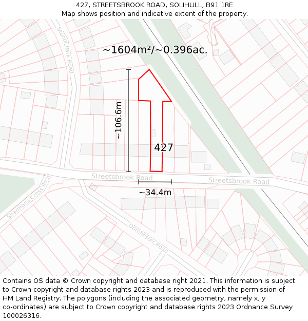 427, STREETSBROOK ROAD, SOLIHULL, B91 1RE: Plot and title map