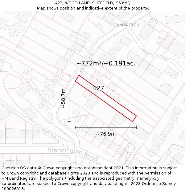 427, WOOD LANE, SHEFFIELD, S6 6AQ: Plot and title map