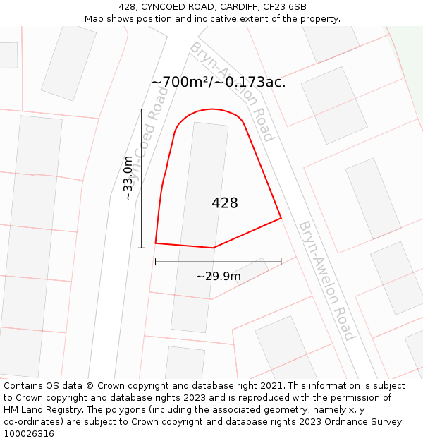 428, CYNCOED ROAD, CARDIFF, CF23 6SB: Plot and title map