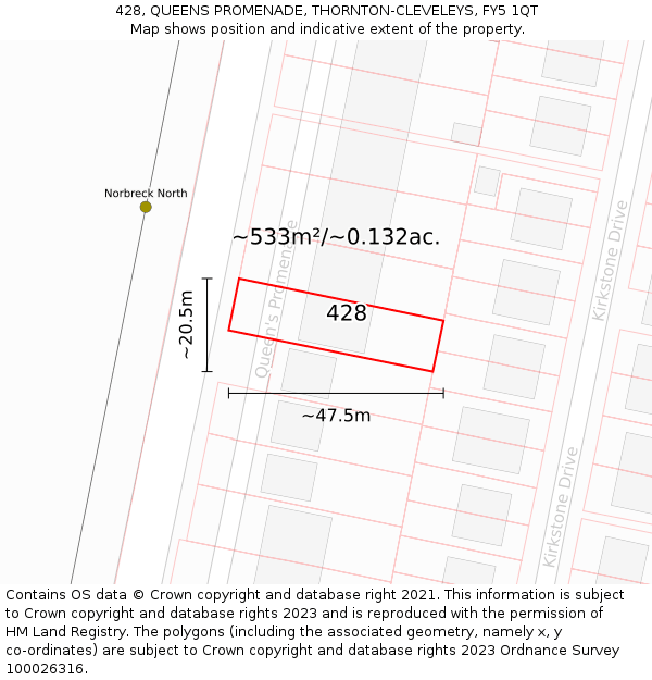 428, QUEENS PROMENADE, THORNTON-CLEVELEYS, FY5 1QT: Plot and title map