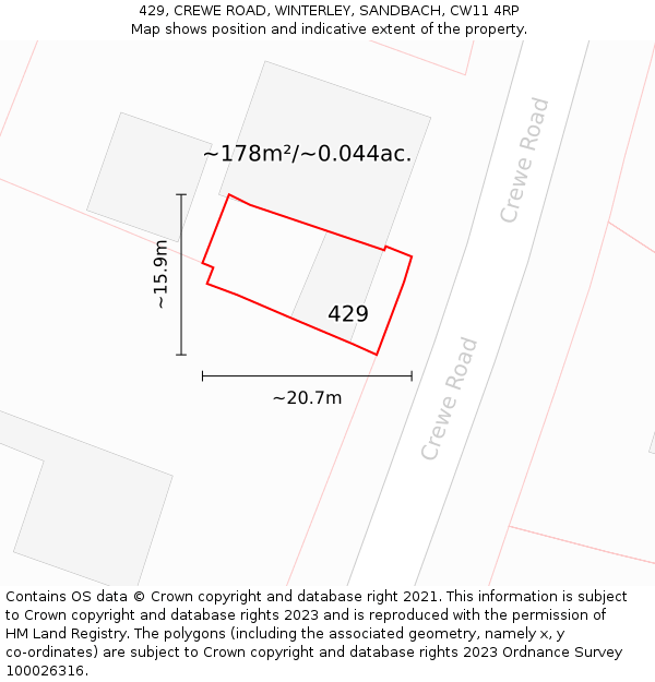 429, CREWE ROAD, WINTERLEY, SANDBACH, CW11 4RP: Plot and title map