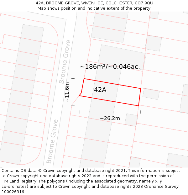 42A, BROOME GROVE, WIVENHOE, COLCHESTER, CO7 9QU: Plot and title map