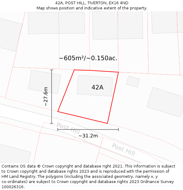 42A, POST HILL, TIVERTON, EX16 4ND: Plot and title map