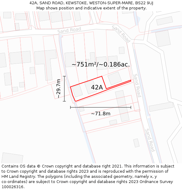 42A, SAND ROAD, KEWSTOKE, WESTON-SUPER-MARE, BS22 9UJ: Plot and title map