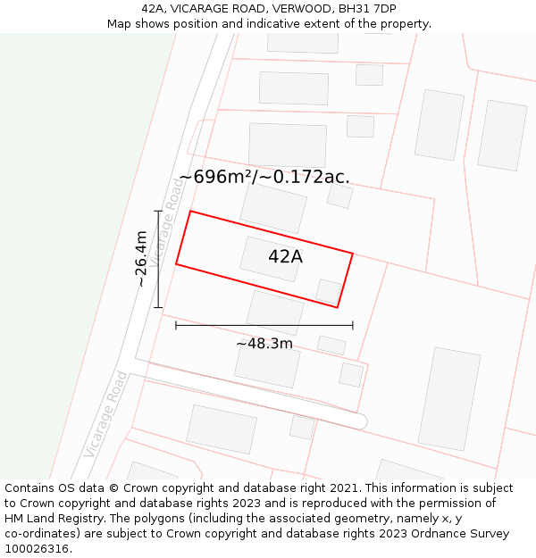 42A, VICARAGE ROAD, VERWOOD, BH31 7DP: Plot and title map