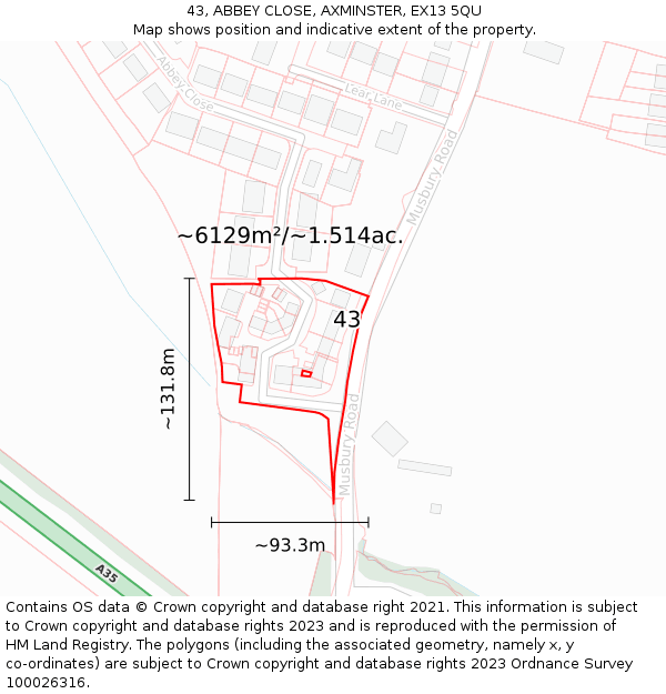 43, ABBEY CLOSE, AXMINSTER, EX13 5QU: Plot and title map