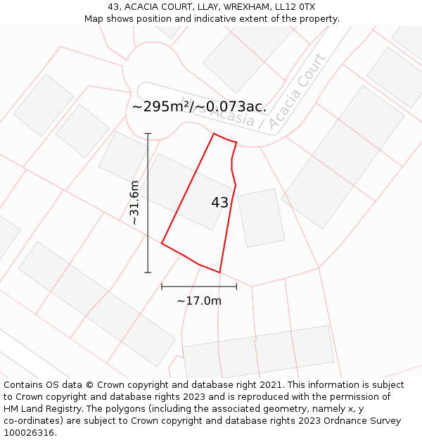43, ACACIA COURT, LLAY, WREXHAM, LL12 0TX: Plot and title map