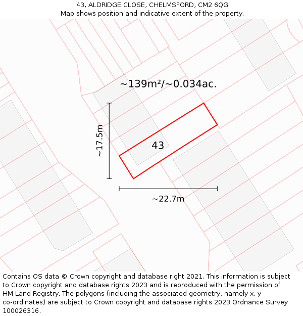 43, ALDRIDGE CLOSE, CHELMSFORD, CM2 6QG: Plot and title map