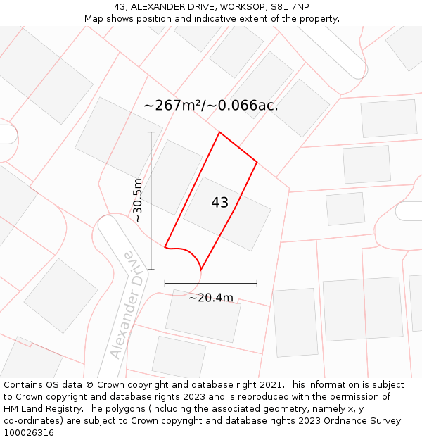 43, ALEXANDER DRIVE, WORKSOP, S81 7NP: Plot and title map