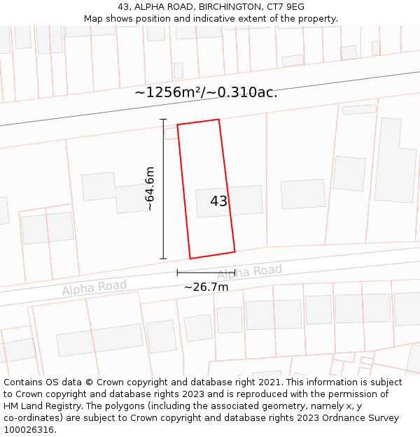 43, ALPHA ROAD, BIRCHINGTON, CT7 9EG: Plot and title map