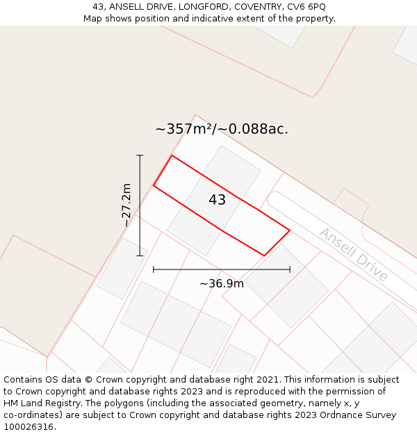 43, ANSELL DRIVE, LONGFORD, COVENTRY, CV6 6PQ: Plot and title map