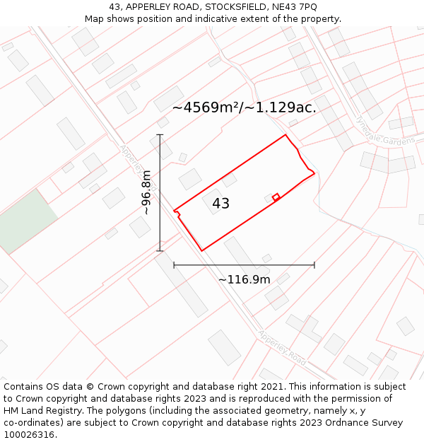 43, APPERLEY ROAD, STOCKSFIELD, NE43 7PQ: Plot and title map