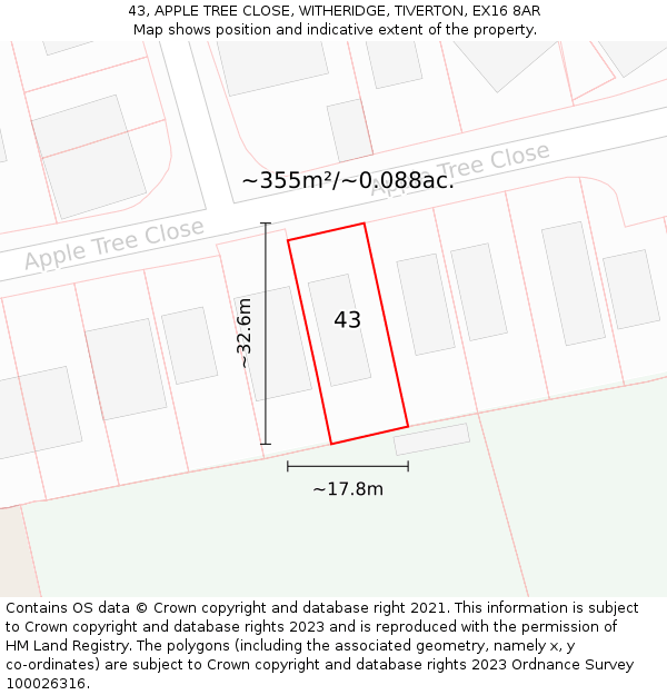 43, APPLE TREE CLOSE, WITHERIDGE, TIVERTON, EX16 8AR: Plot and title map