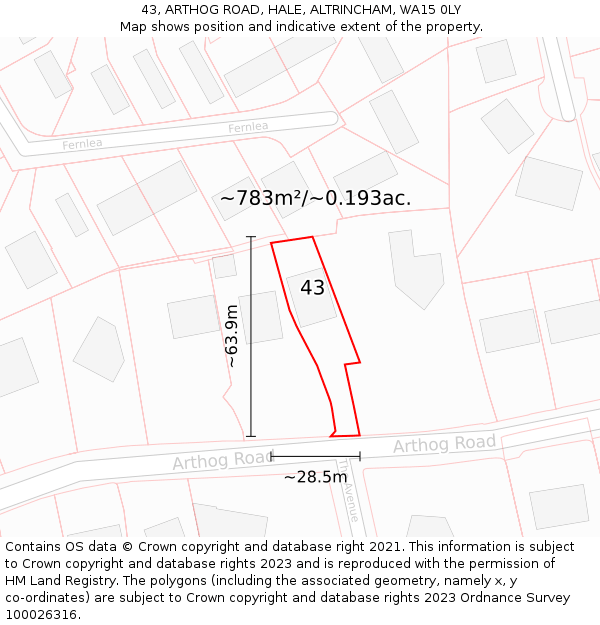 43, ARTHOG ROAD, HALE, ALTRINCHAM, WA15 0LY: Plot and title map