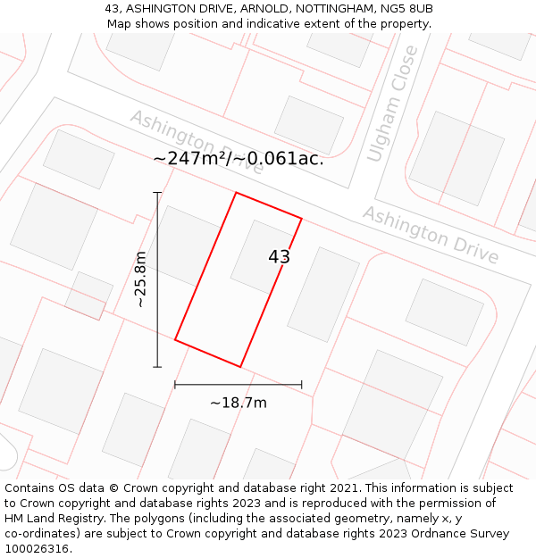 43, ASHINGTON DRIVE, ARNOLD, NOTTINGHAM, NG5 8UB: Plot and title map