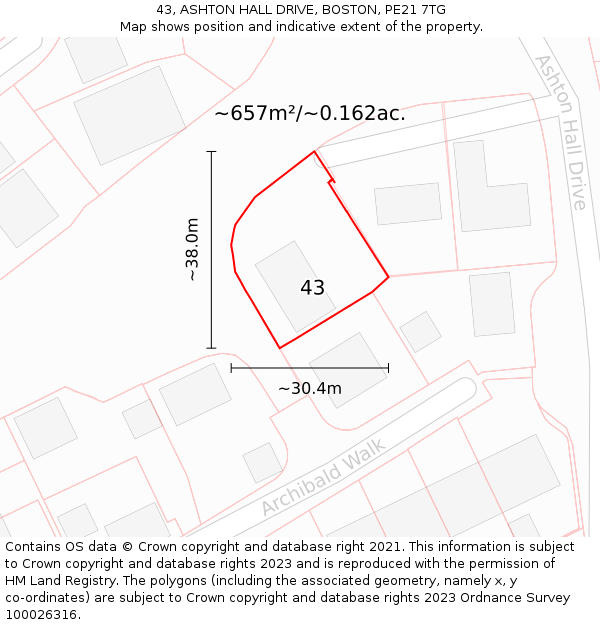 43, ASHTON HALL DRIVE, BOSTON, PE21 7TG: Plot and title map