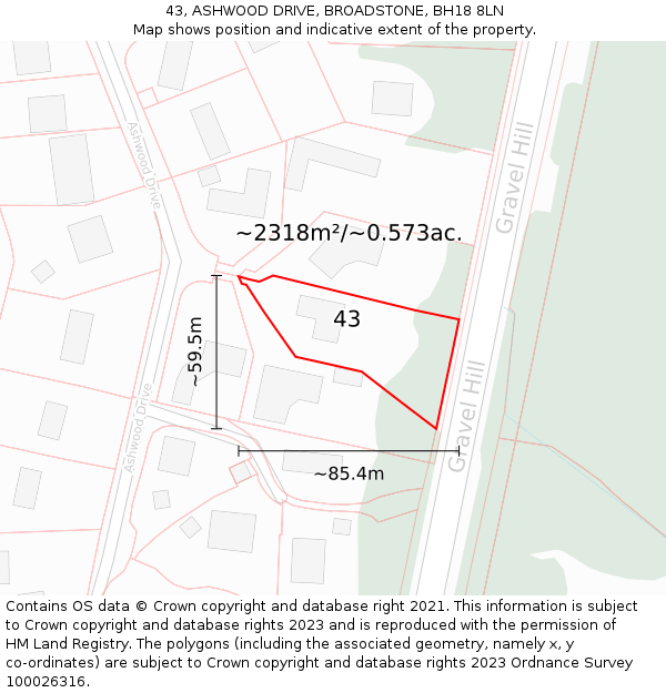 43, ASHWOOD DRIVE, BROADSTONE, BH18 8LN: Plot and title map