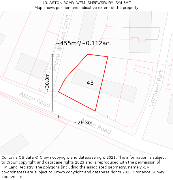 43, ASTON ROAD, WEM, SHREWSBURY, SY4 5AZ: Plot and title map