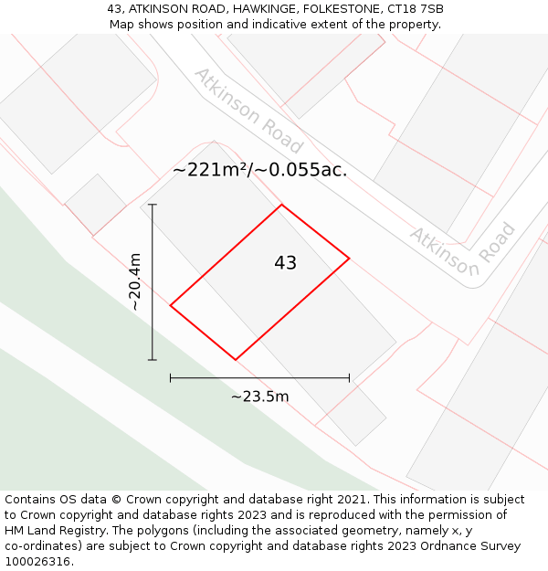 43, ATKINSON ROAD, HAWKINGE, FOLKESTONE, CT18 7SB: Plot and title map