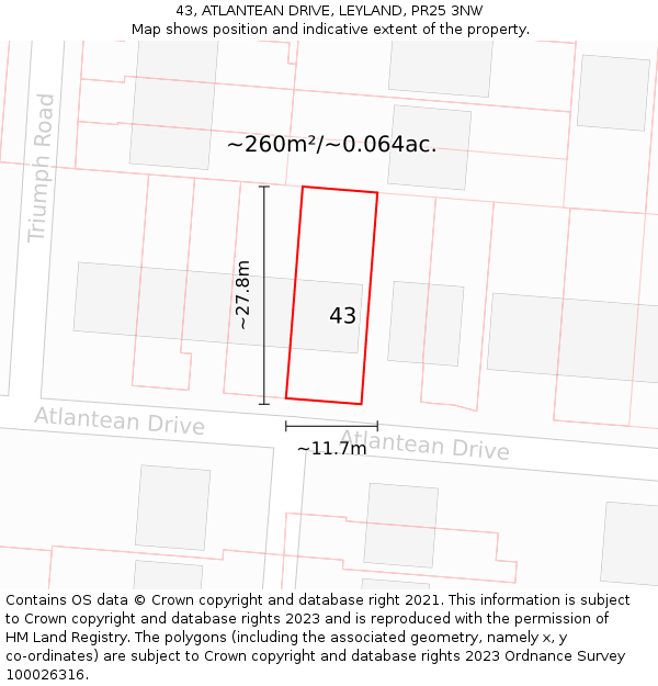 43, ATLANTEAN DRIVE, LEYLAND, PR25 3NW: Plot and title map
