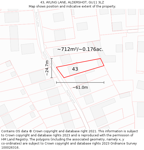 43, AYLING LANE, ALDERSHOT, GU11 3LZ: Plot and title map
